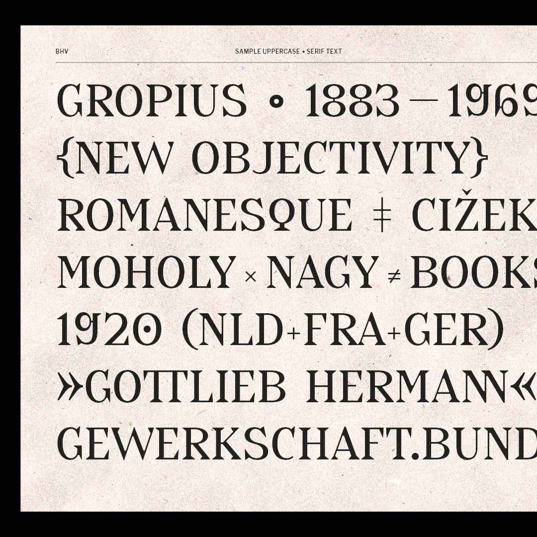 all uppercase BHV serif text sample words with bauhaus related words