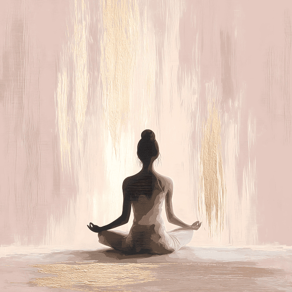 A woman sitting in lotus position, illuminated by a soft, radiant light