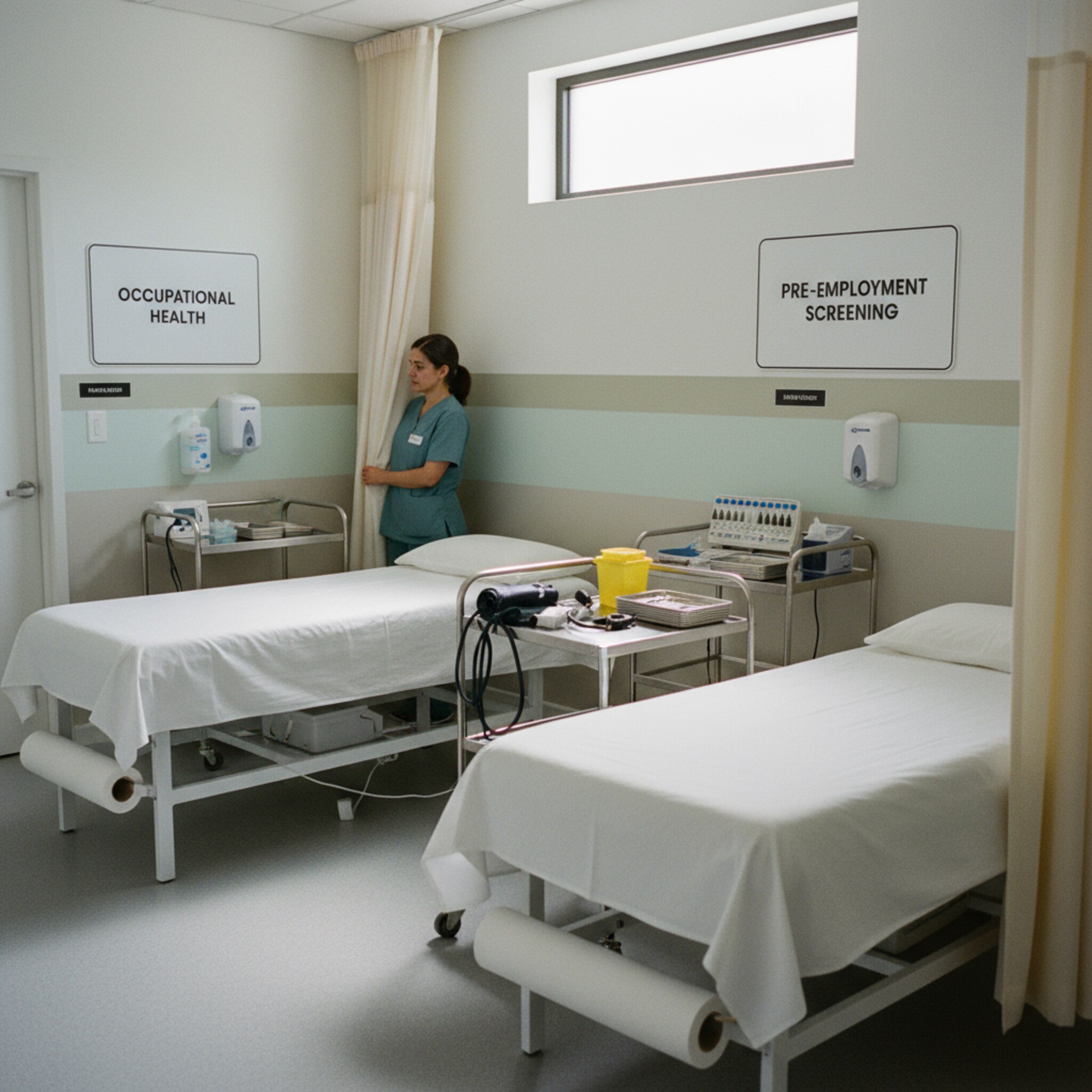 Zwei Untersuchungsräume sind vorbereitet: Liegen glatt bezogen, Instrumententische ordentlich bestückt, Spender für Handschuhe und Desinfektion gut erreichbar. Eine MFA richtet diskret eine Kabine her. Die Szene wirkt klar, hygienisch und startbereit, ohne Ablenkung.