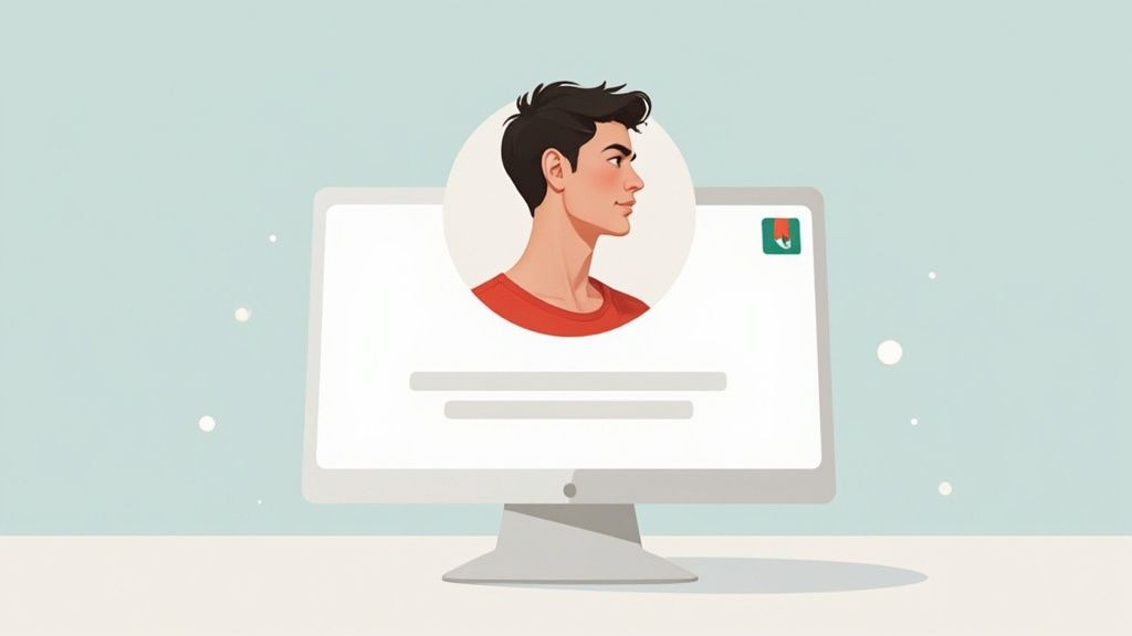 Eine Person betrachtet nachdenklich verschiedene Profilbilder auf einem Tablet