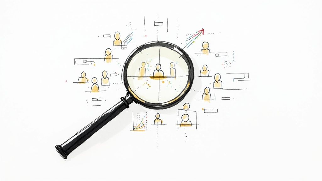 A stylized illustration of a diverse group of audience avatars being sorted into different segments.