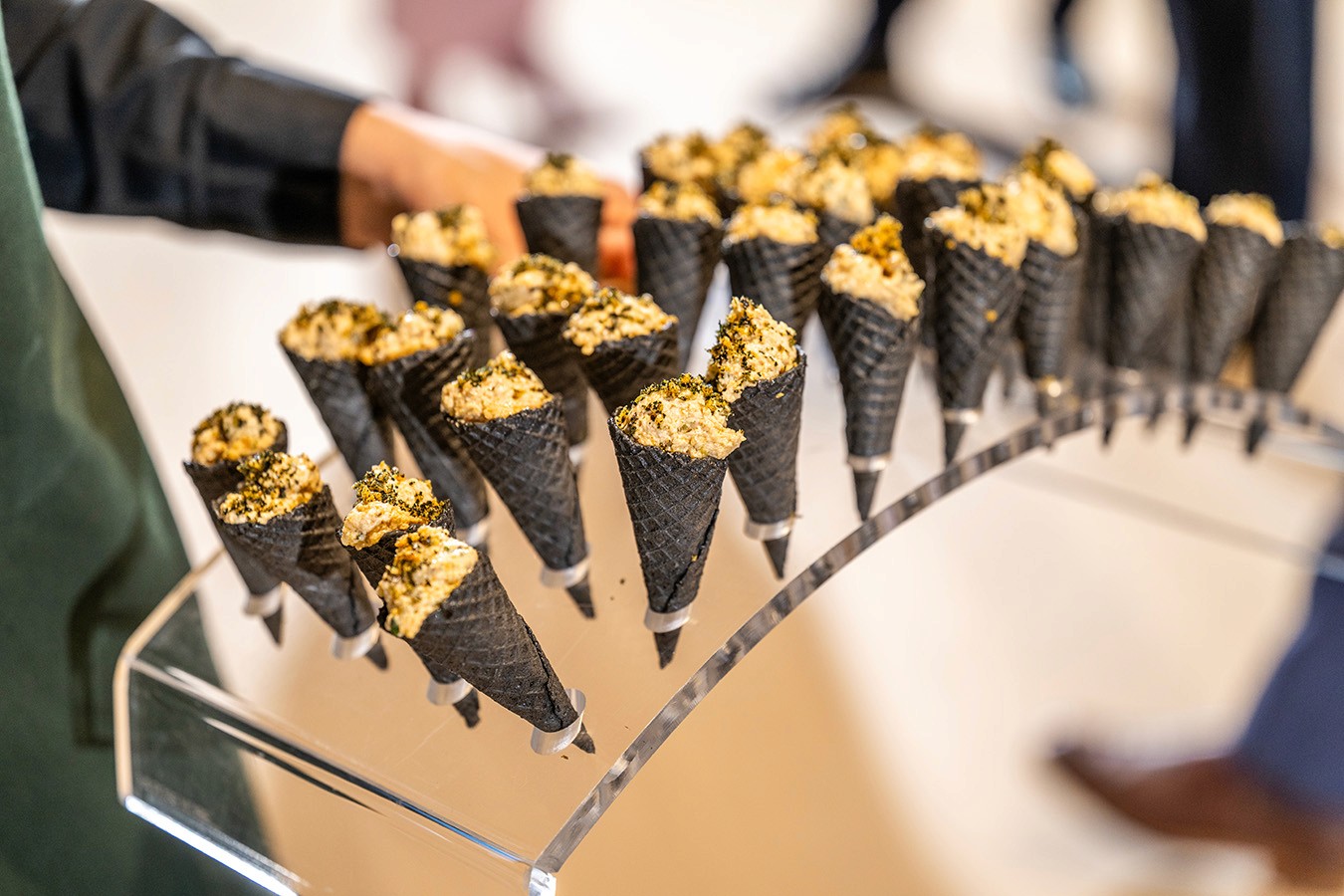 Smoked Chicken Waffle Cone canape service at a corporate meeting event