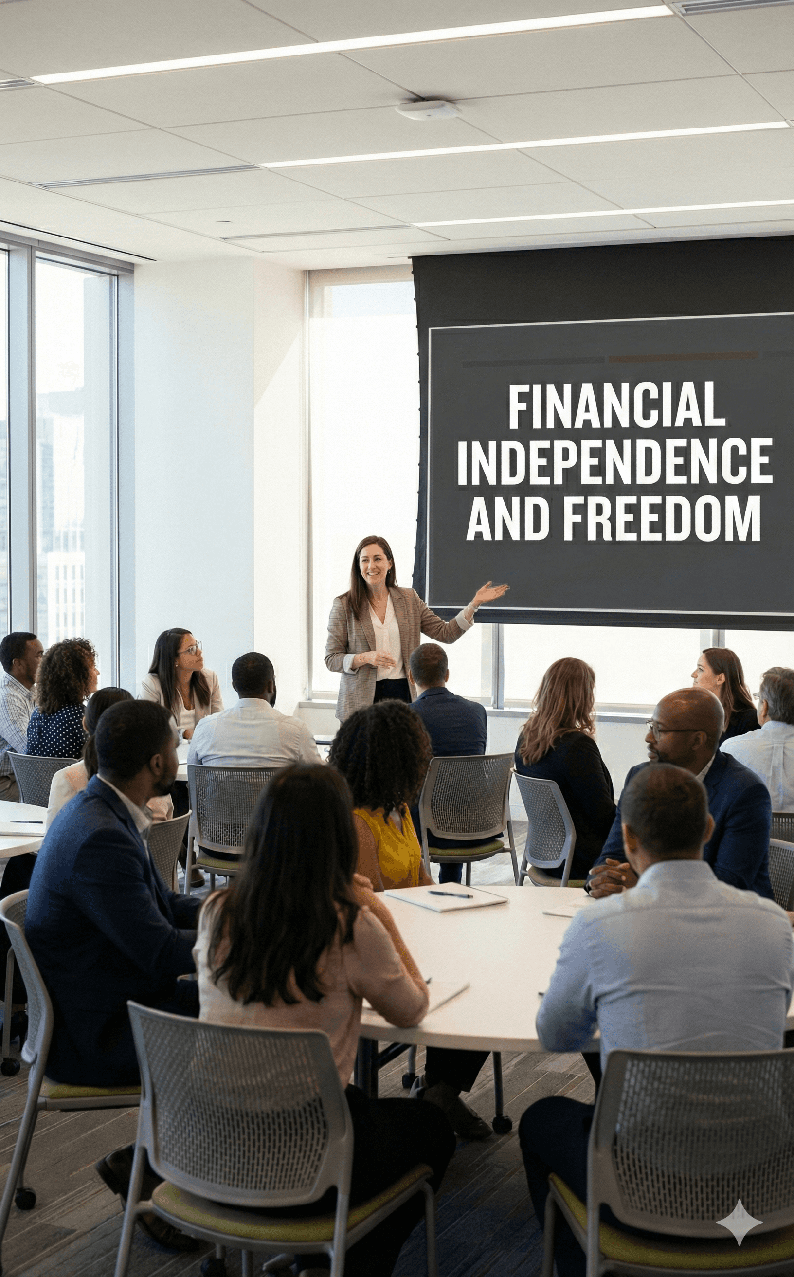 A workshop facilitator gesturing towards a presentation screen while engaging with an audience in a corporate setting.