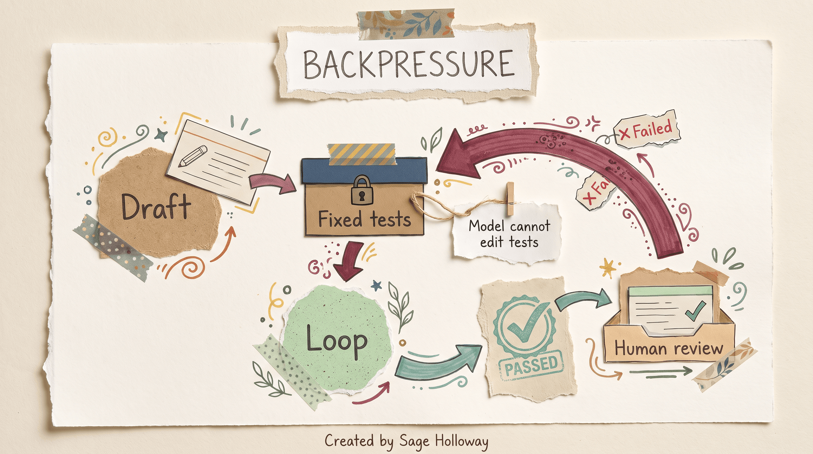 Scrapbook BACKPRESSURE loop from Draft through a locked Fixed tests box to a PASSED Human review folder, with a note that the model cannot edit tests