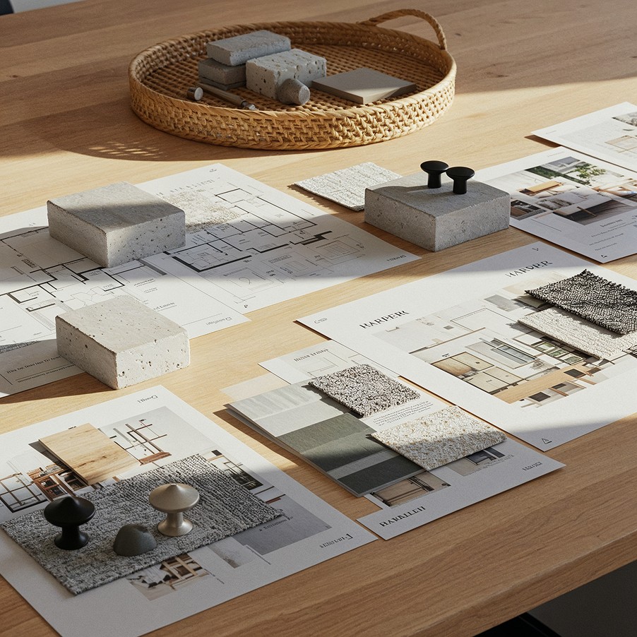 Desk with project blueprints, fabric samples, and concrete blocks on top of floor plans.