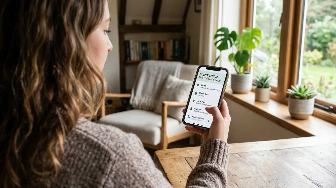 A guest using a digital guidebook on a phone to find Wi-Fi and check-out details.