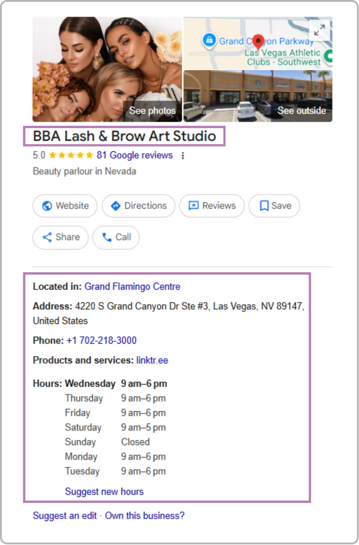 Google Business Profile listing for a local beauty parlor with ratings and contact details