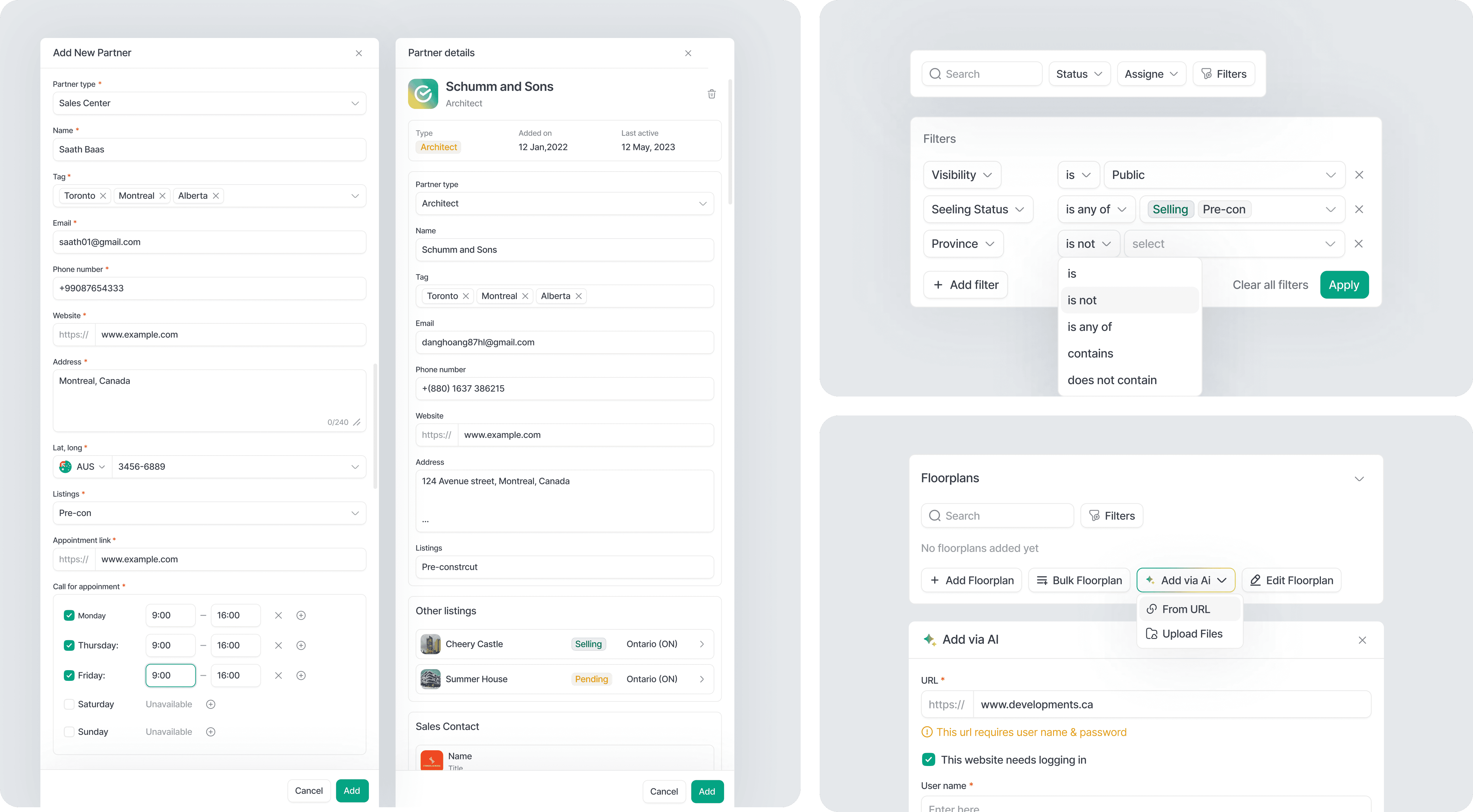 Side panel interface for adding new partners, advanced rule-based filtering, bulk upload tools, and AI-assisted floor plan extraction for pre-construction data management.