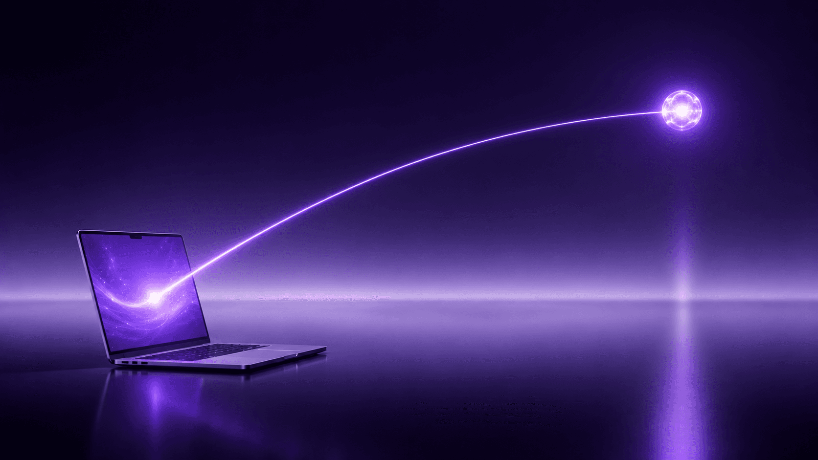 A laptop linked to a distant glowing orb, representing a remote connection to a cloud computer