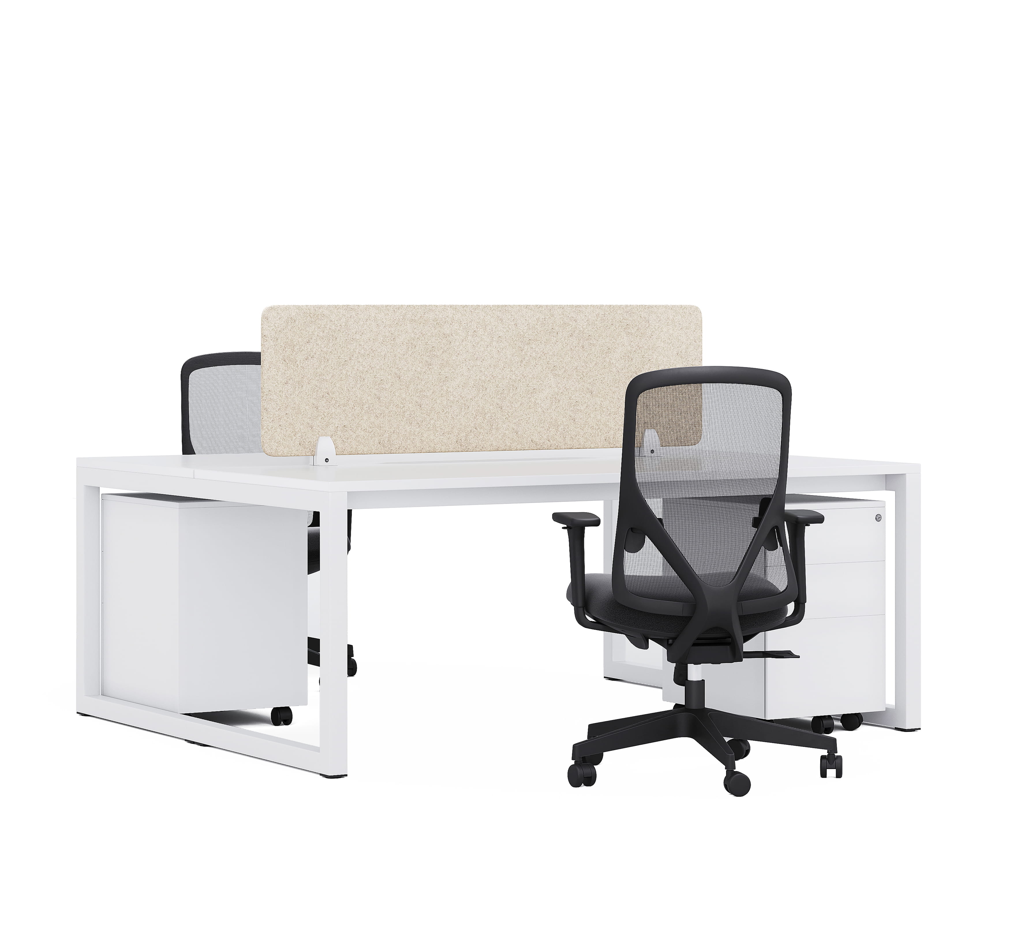 Office workstation desk with privacy panel, ergonomic chair, and modern frame design