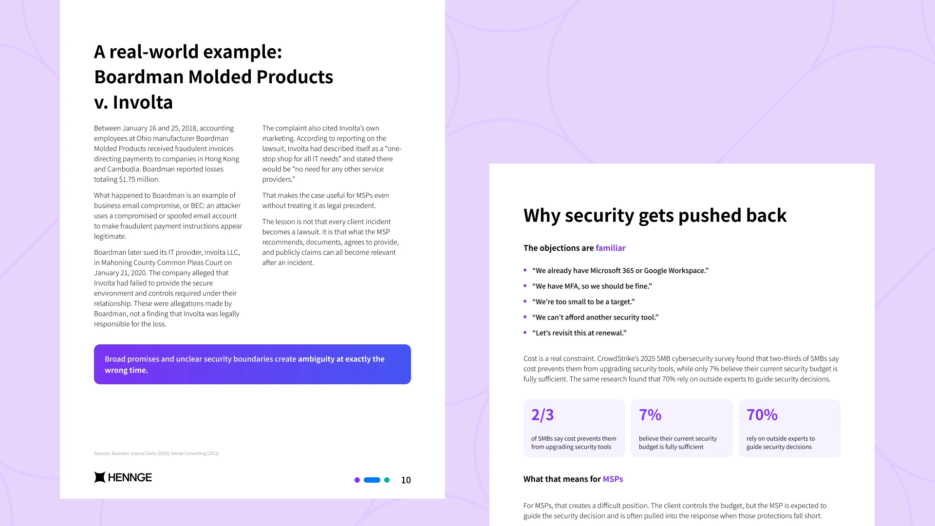 Preview pages of HENNGE’s MSP guide showing a real-world example, Boardman Molded Products v. Involta, and why security gets pushed back