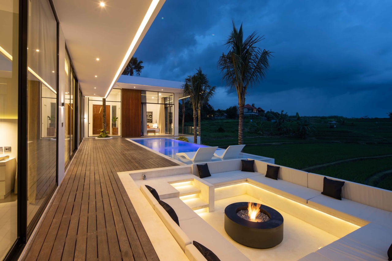 modern 3-bedroom villa in Buduk with a rooftop terrace and panoramic rice field views