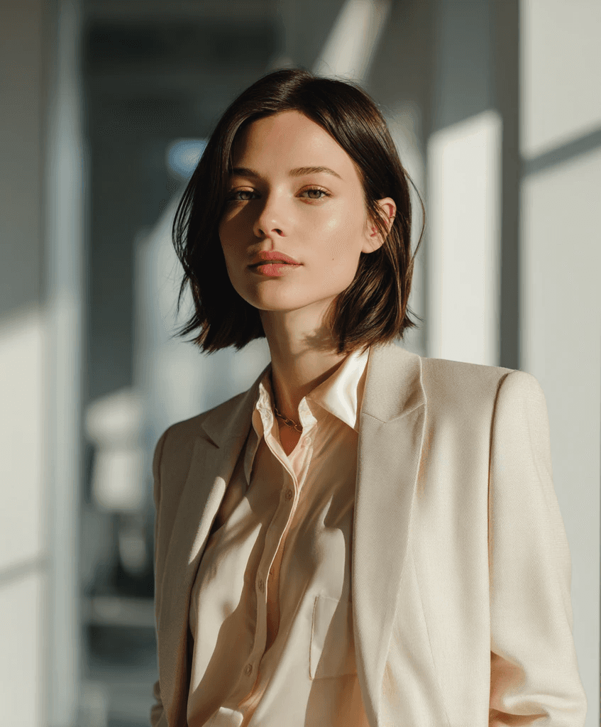 Woman in a cream blazer standing in bright, natural sunlight.