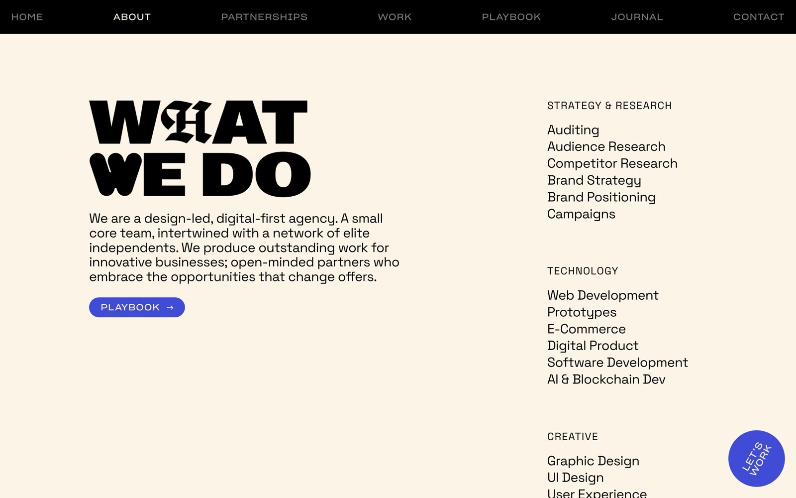 Bold text "WHAT WE DO" with service categories listed: Strategy & Research, Technology, Creative. Beige background, dark text.