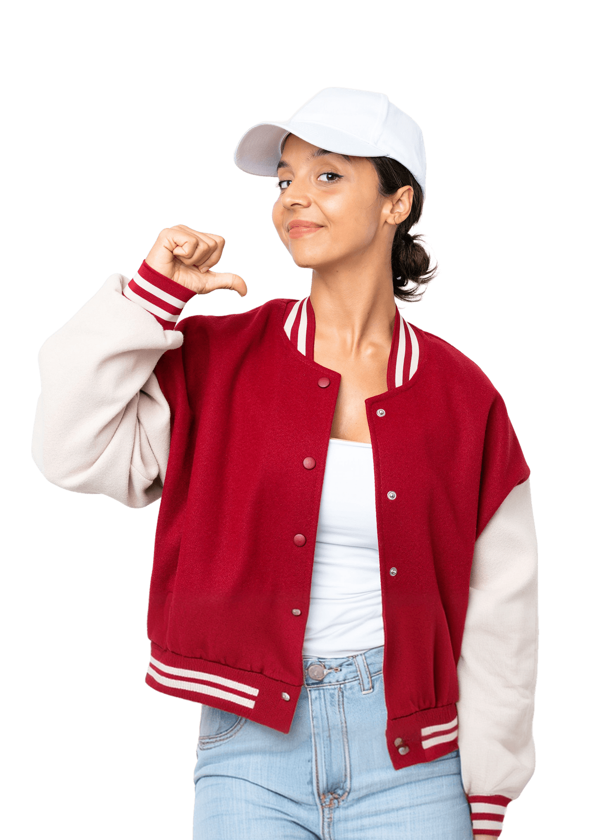 Model wearing Midnight Tour Cap in red varsity jacket
