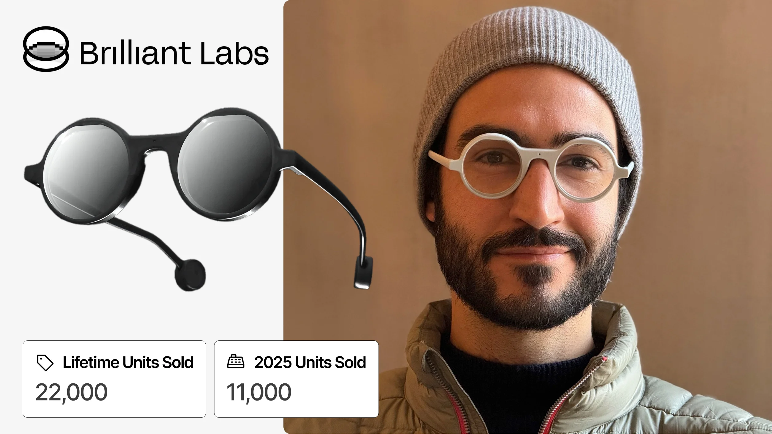 Brilliant Labs Frame open-source AR glasses with built-in AI assistant and developer platform statistics.