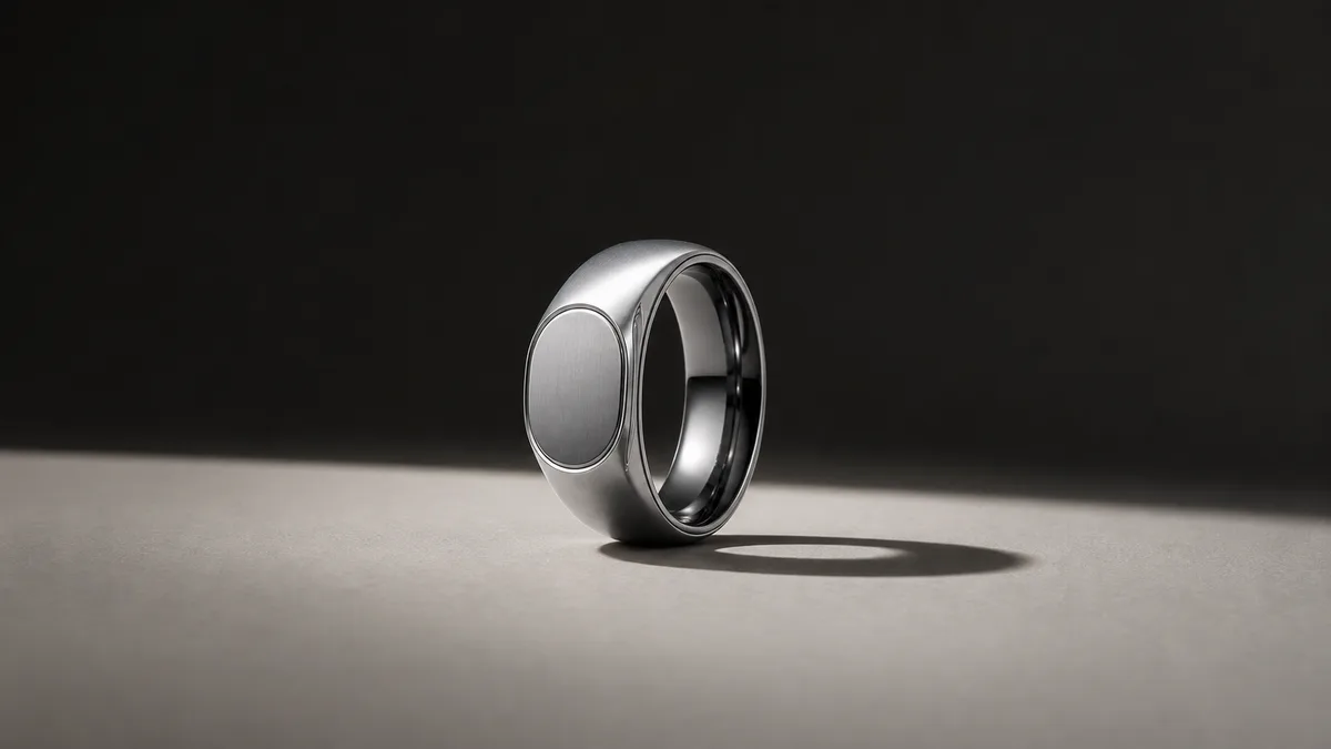 Single silver smart tasbih ring standing alone under hard light on a neutral surface