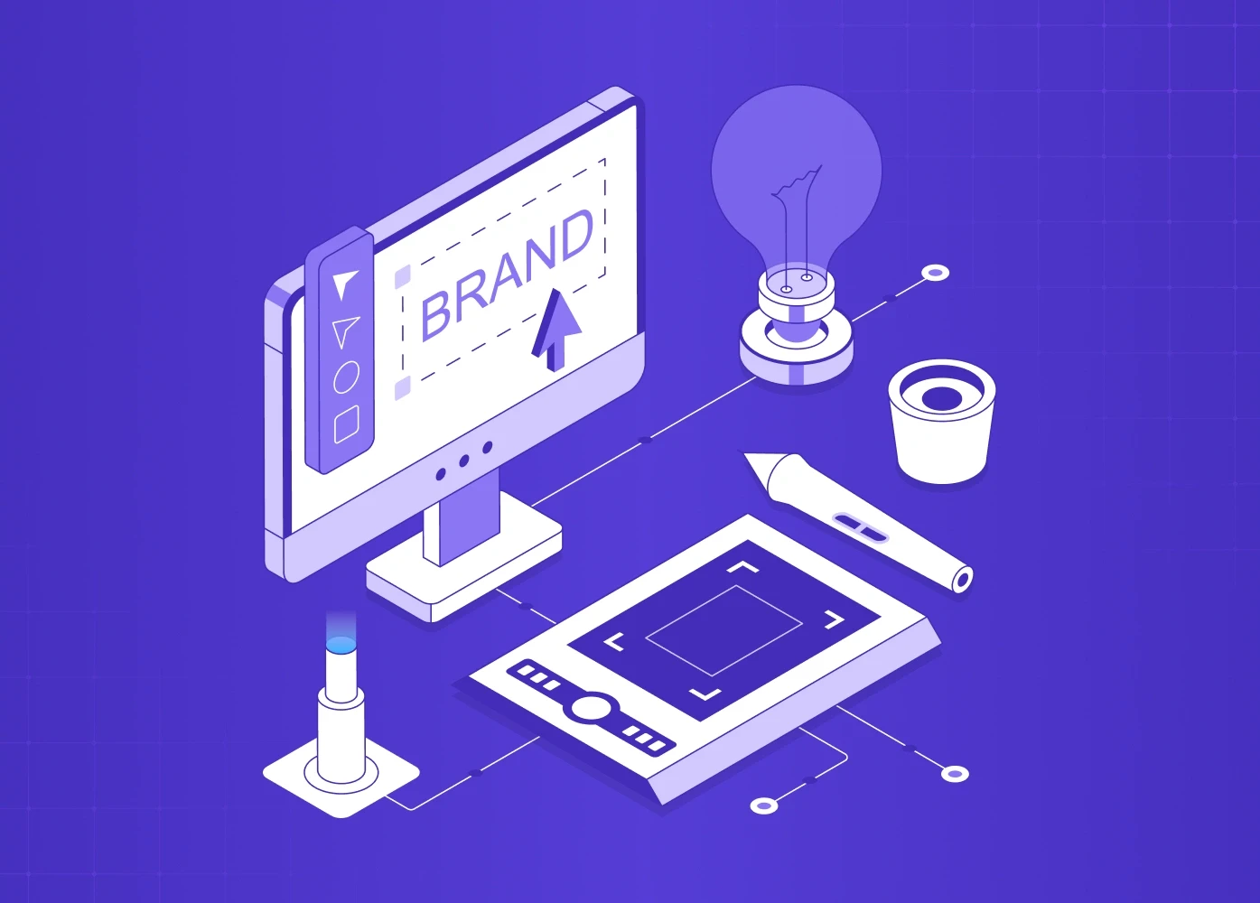 Isometric illustration of branding tools including screen, pen tablet, and creative elements.