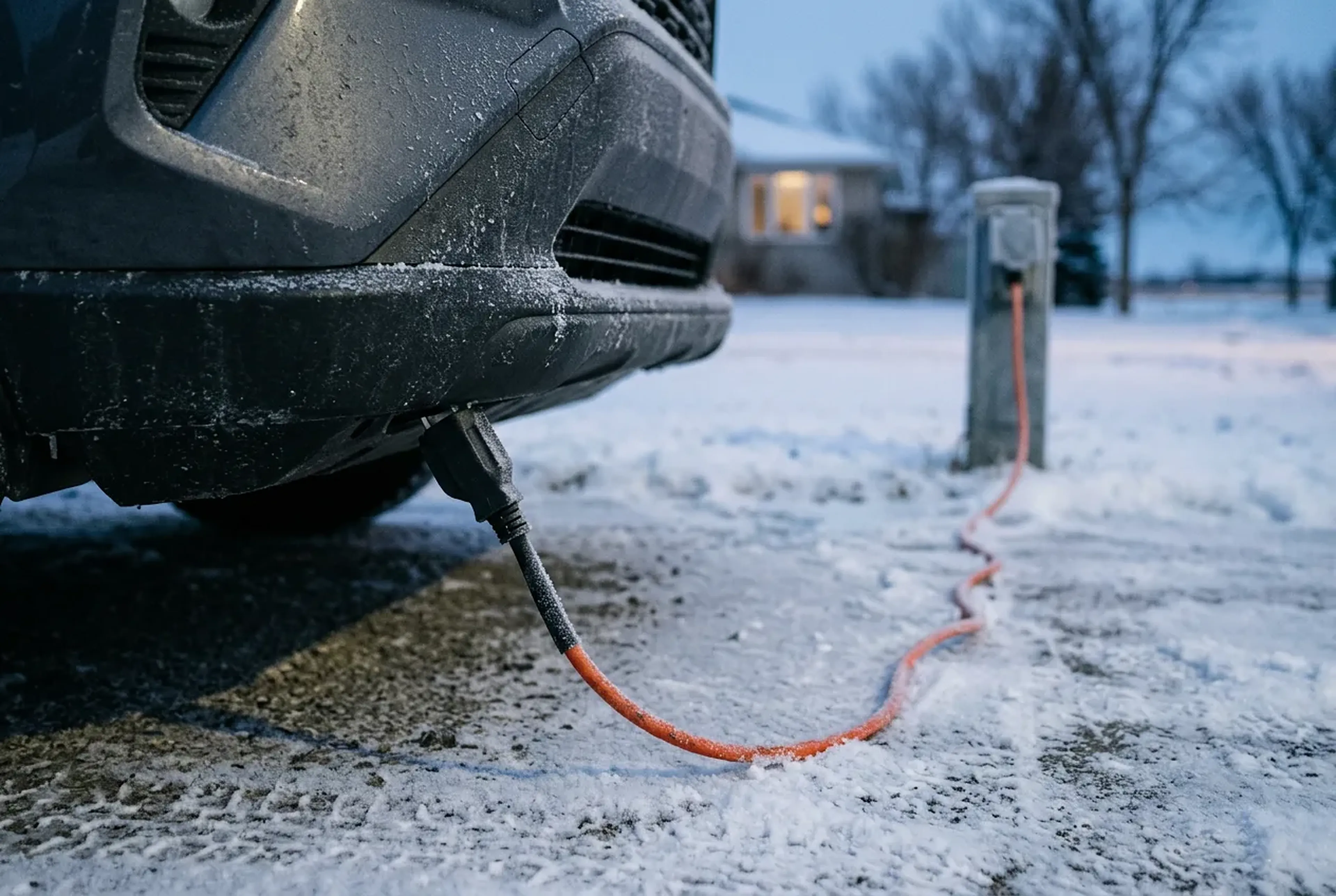A block heater cord plugged into an orange extension cord running to an outlet post in a snowy Winnipeg driveway at dawn