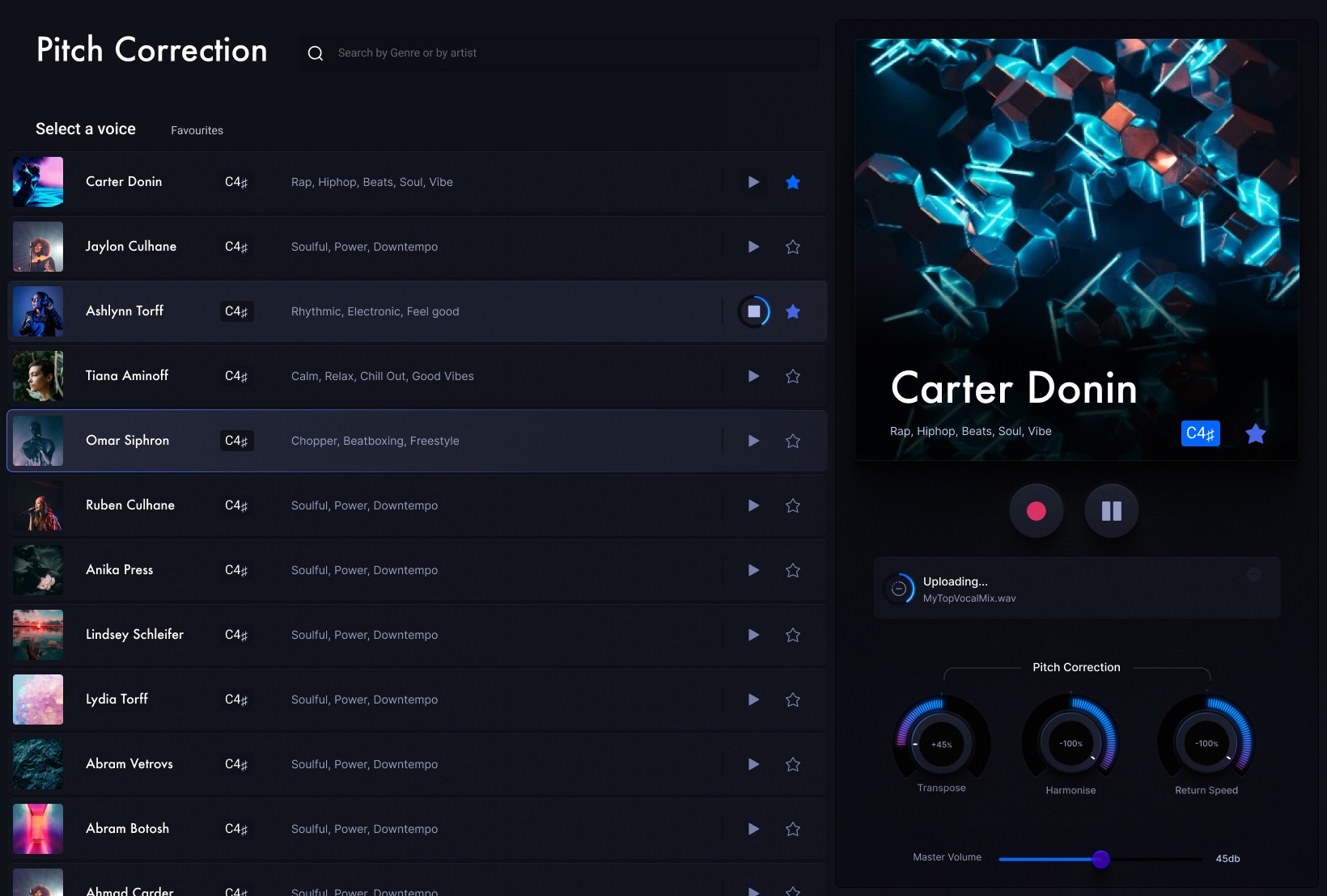 Nu-Voice Pitch Correction AI list of track view 3