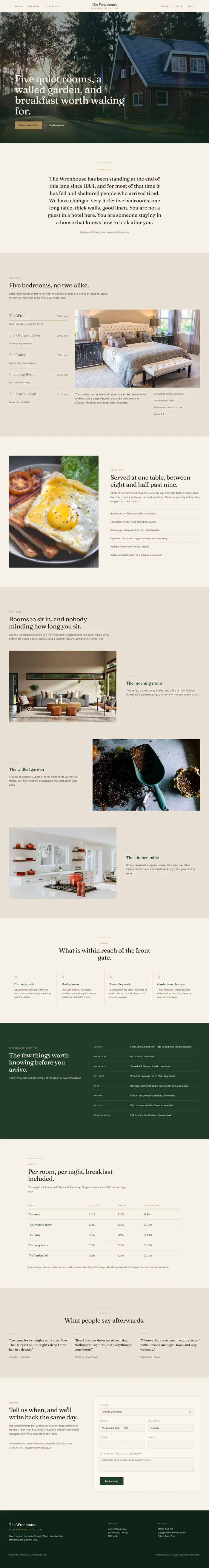 Full bed and breakfast website design: house hero, five rooms, breakfast, garden, rates
