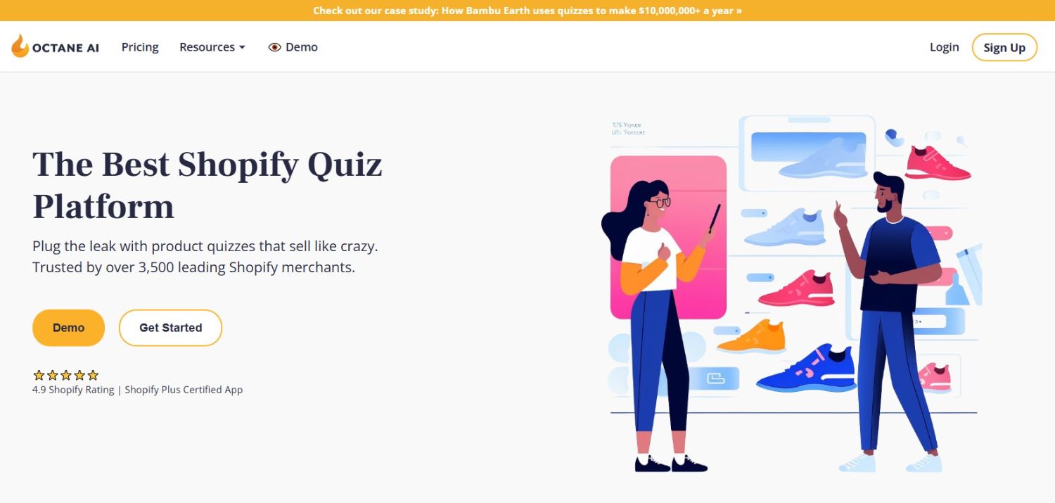 Octane AI Quiz Platform Homepage: Octane AI's website featuring its product quiz platform for Shopify, designed to personalize customer experiences and boost conversions.