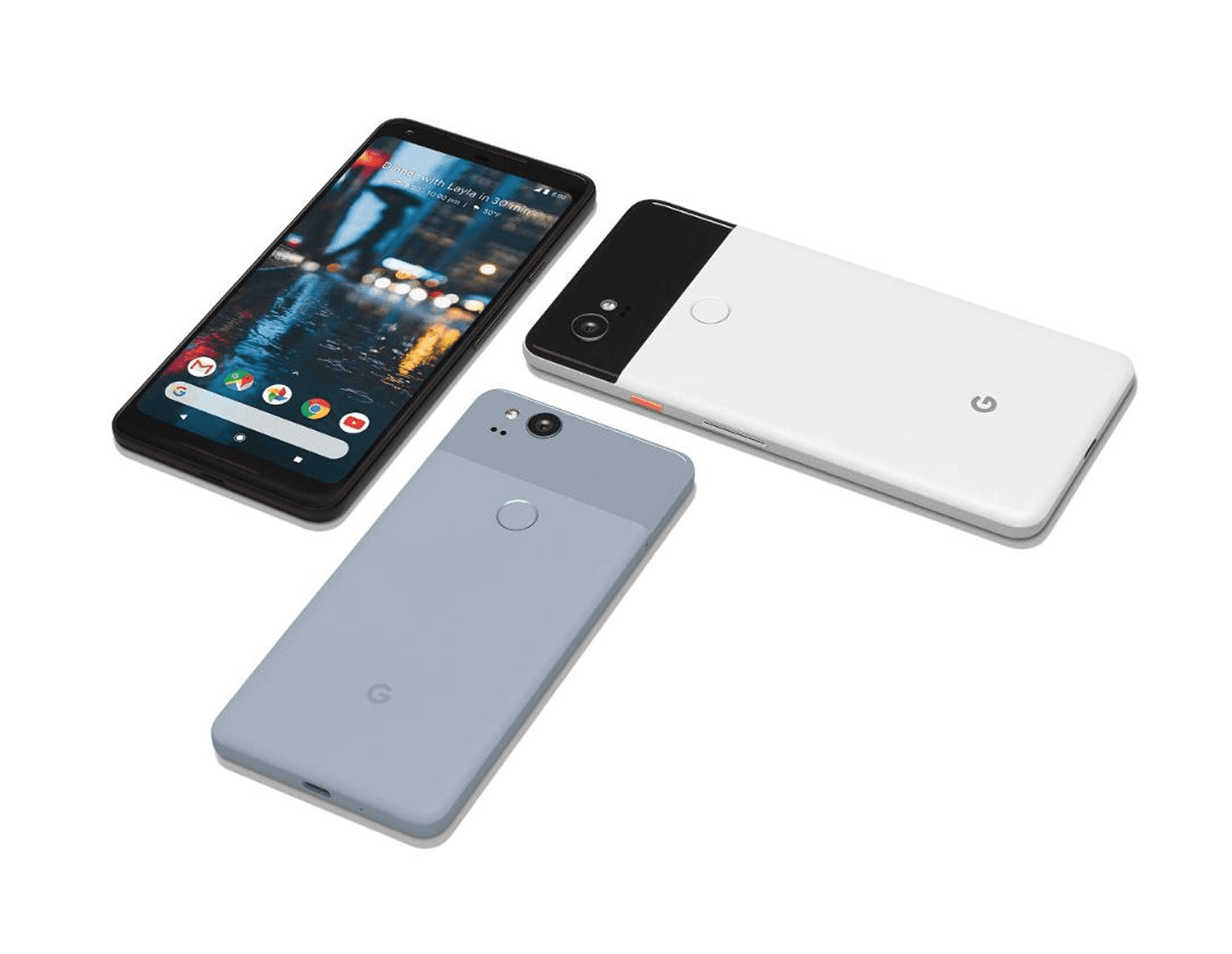 Three Google Pixel 2XL phones. One is face up and the other two are face down.