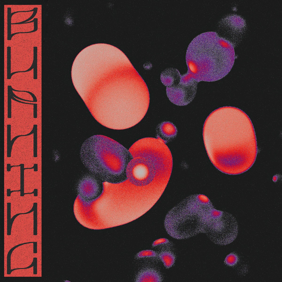 An album cover design featuring abstract red and purple liquid shapes floating against a black background with the word 'BURNING' in stylized red text along the left side.