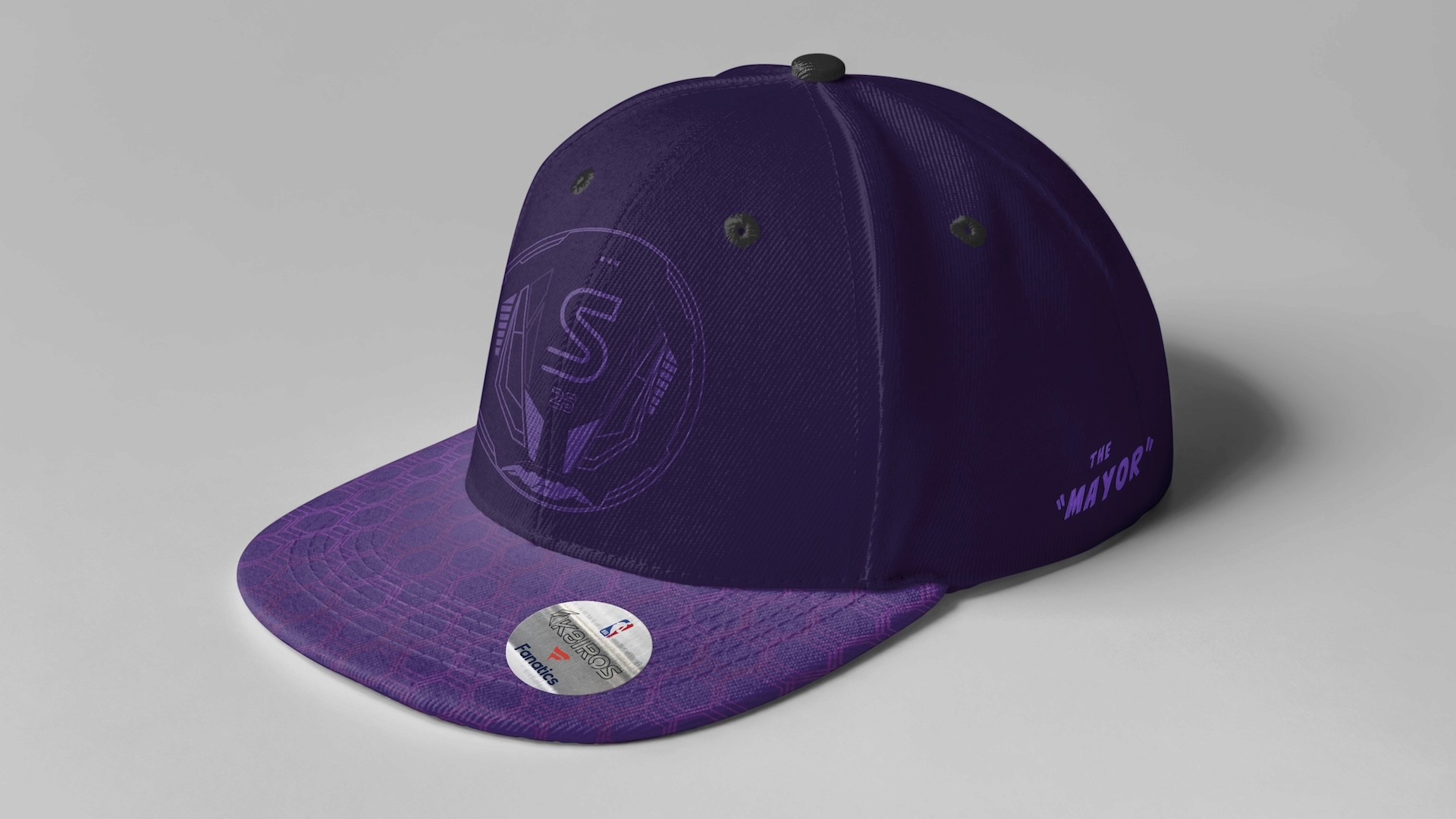 Spencer Dinwiddie K8IROS The Mayor purple snapback hat detail featuring tonal S25 crest embroidery and hexagon pattern brim with Fanatics authenticity