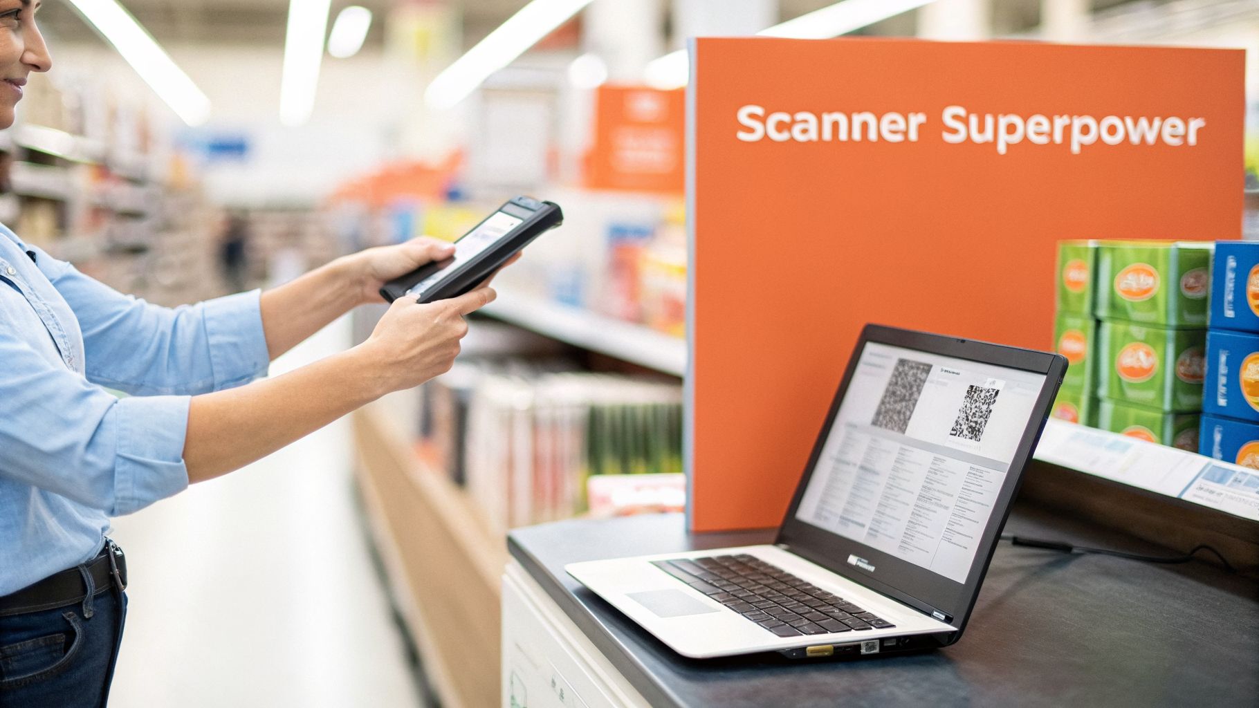 A person uses a handheld scanner in a store, with a 'Scanner Superpower' sign and a laptop displaying QR codes.