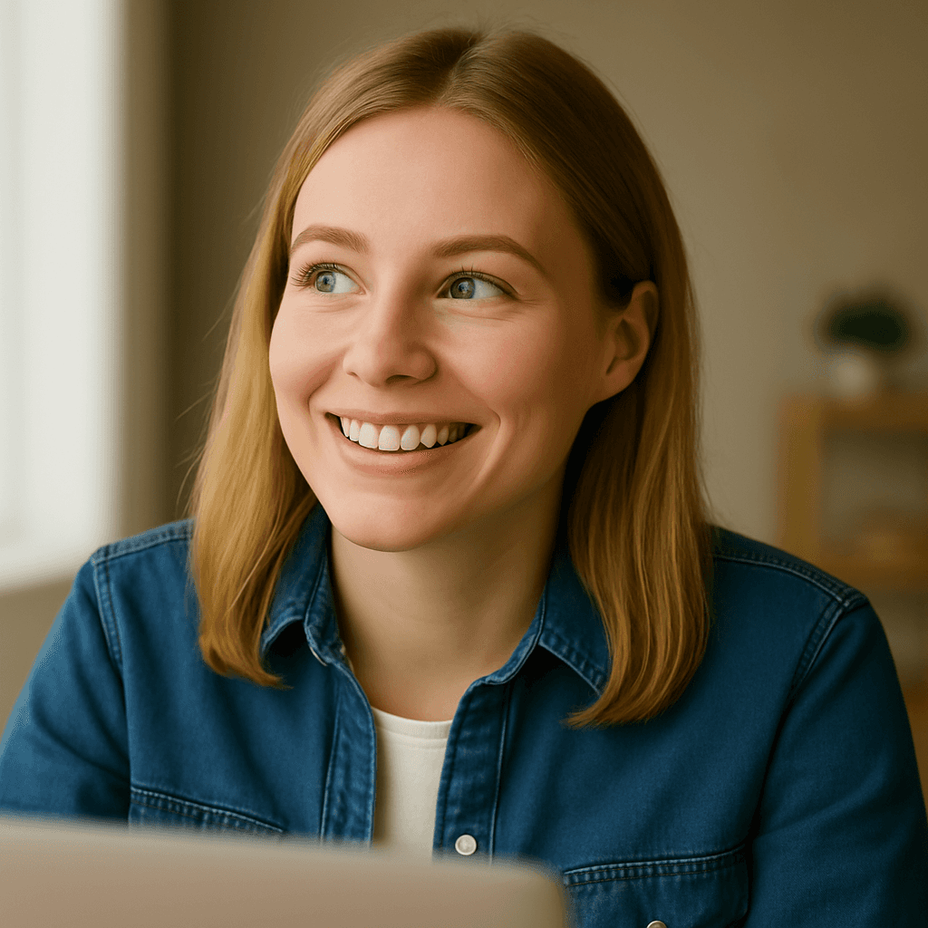 Billede af kvinde der kigger op fra sin skærm og erindrer hvor tilfreds hun er med den virksomhed hun er blevet bedt om at anmelde