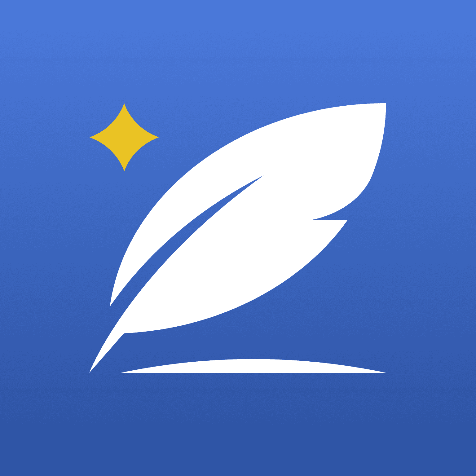 A blue background featuring a white feather with a spark, symbolizing creativity or writing.