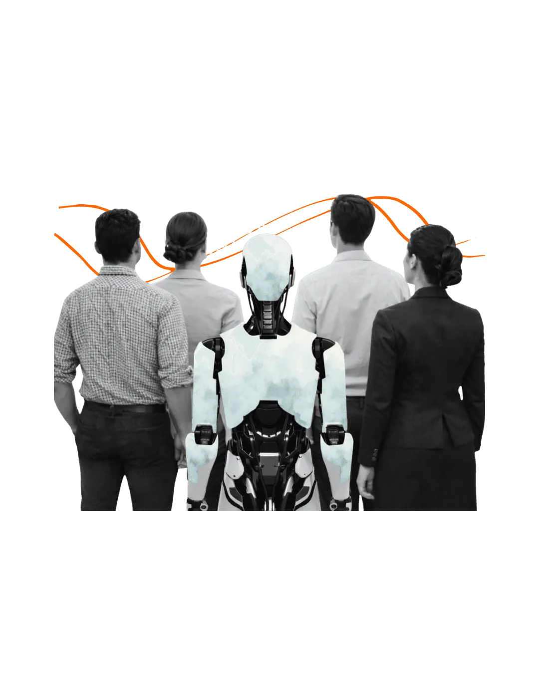 robot in mezzo ad una folla di persone che gli danno le spalle