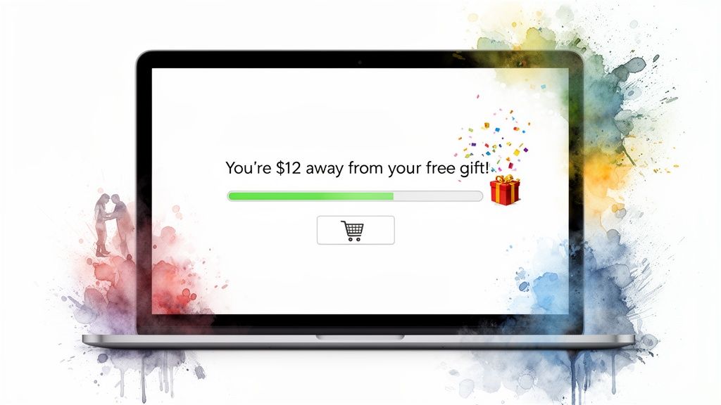 Laptop screen displays a 'You're $12 away from your free gift!' message with a progress bar and gift box.