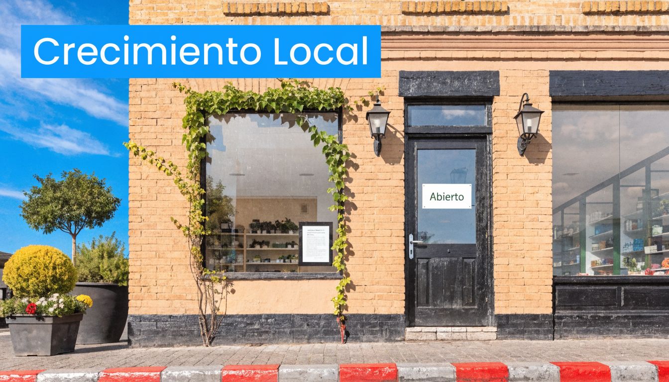 Una pequeña tienda de ladrillo con un cartel que dice Abierto y una planta trepadora decorativa.