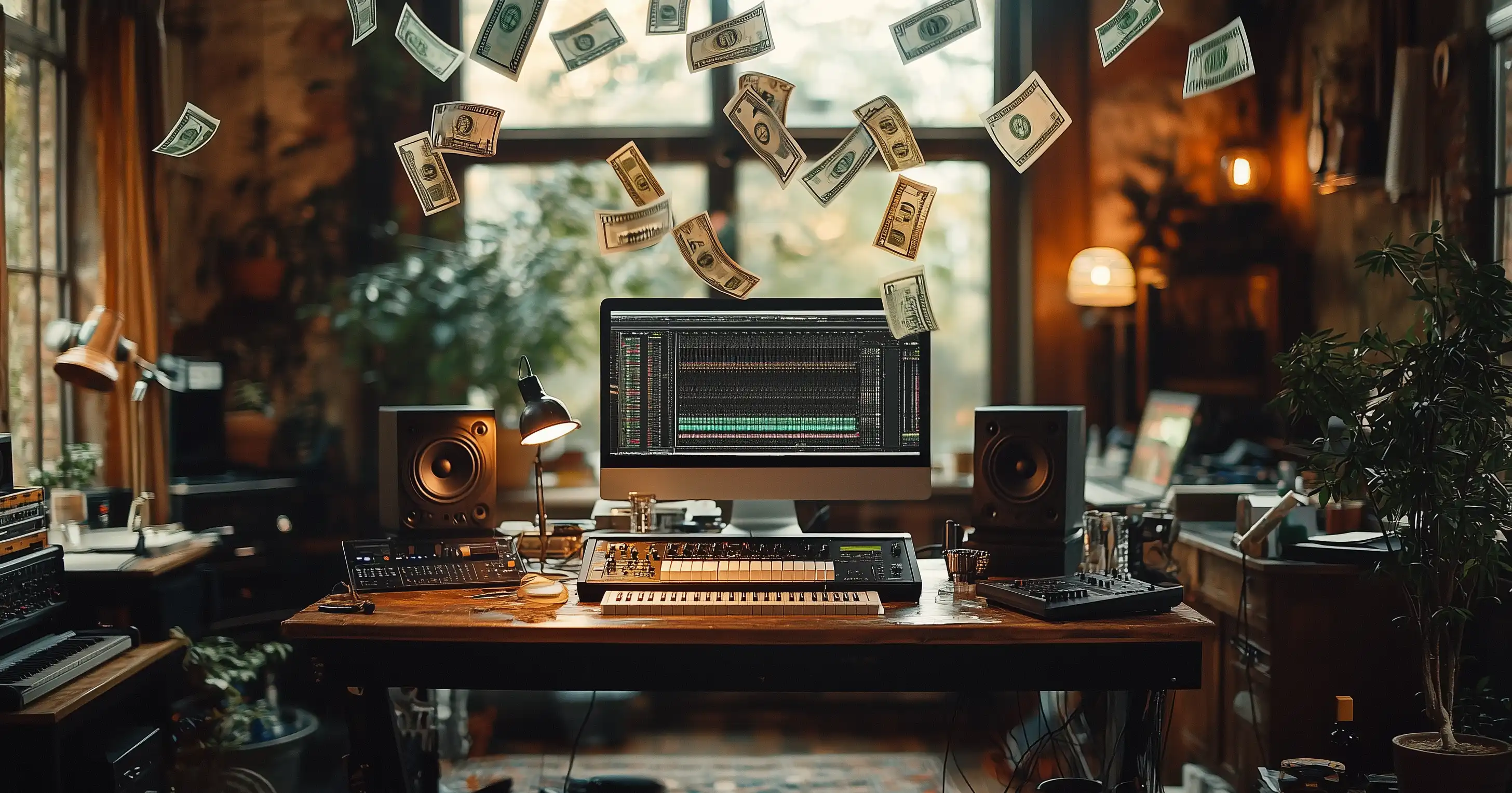 a small music studio with money falling from the ceiling