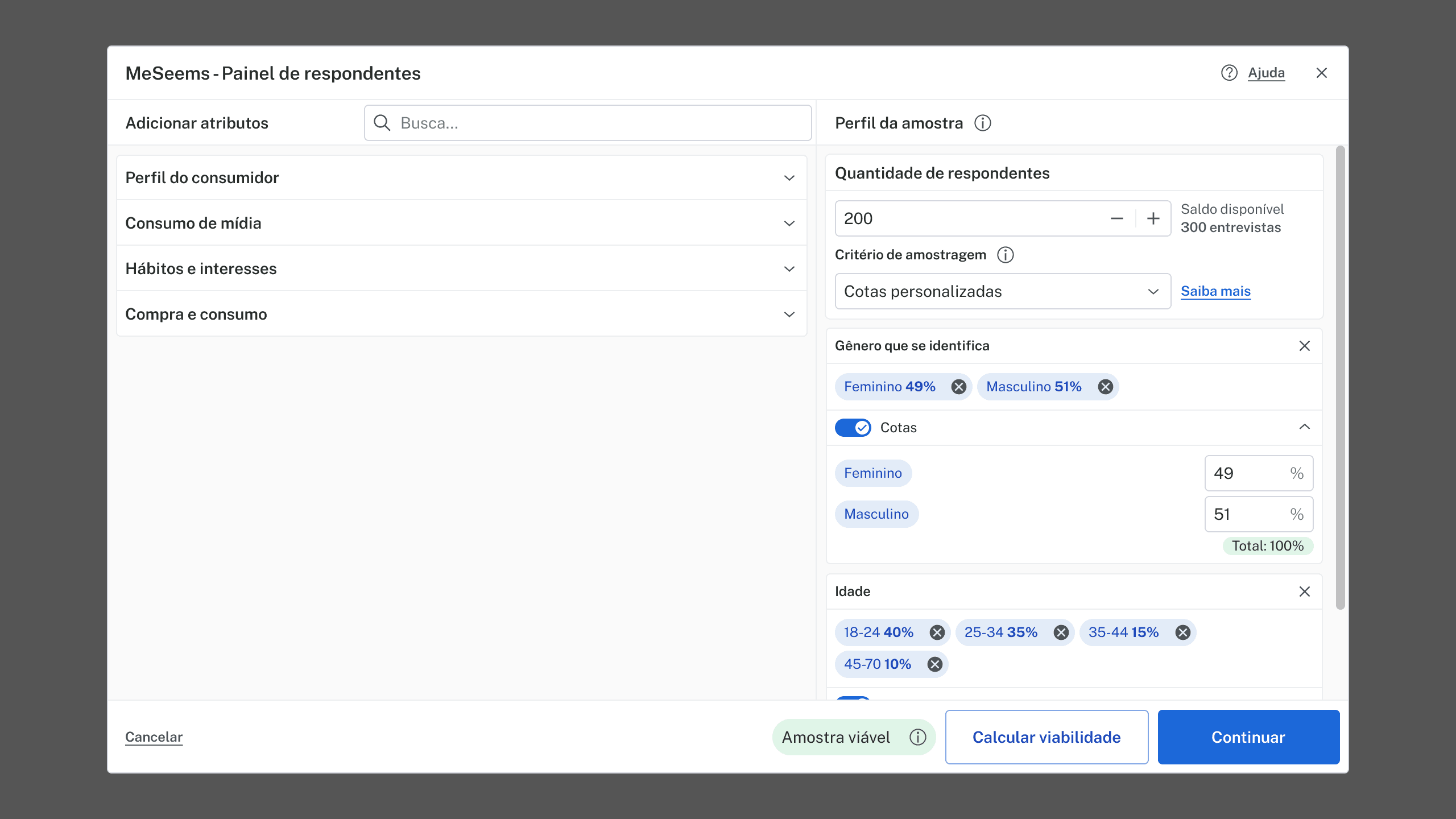 Tela de definição de perfil de amostra do Painel de respondentes MeSeems com foco no menu lateral direito, com a categoria 'Gênero que se identifica' e as opções 'Feminino' e 'Masculino' selecionadas, com a opção de 'Cotas' ativado e um campo de adição e edição da porcentagem.