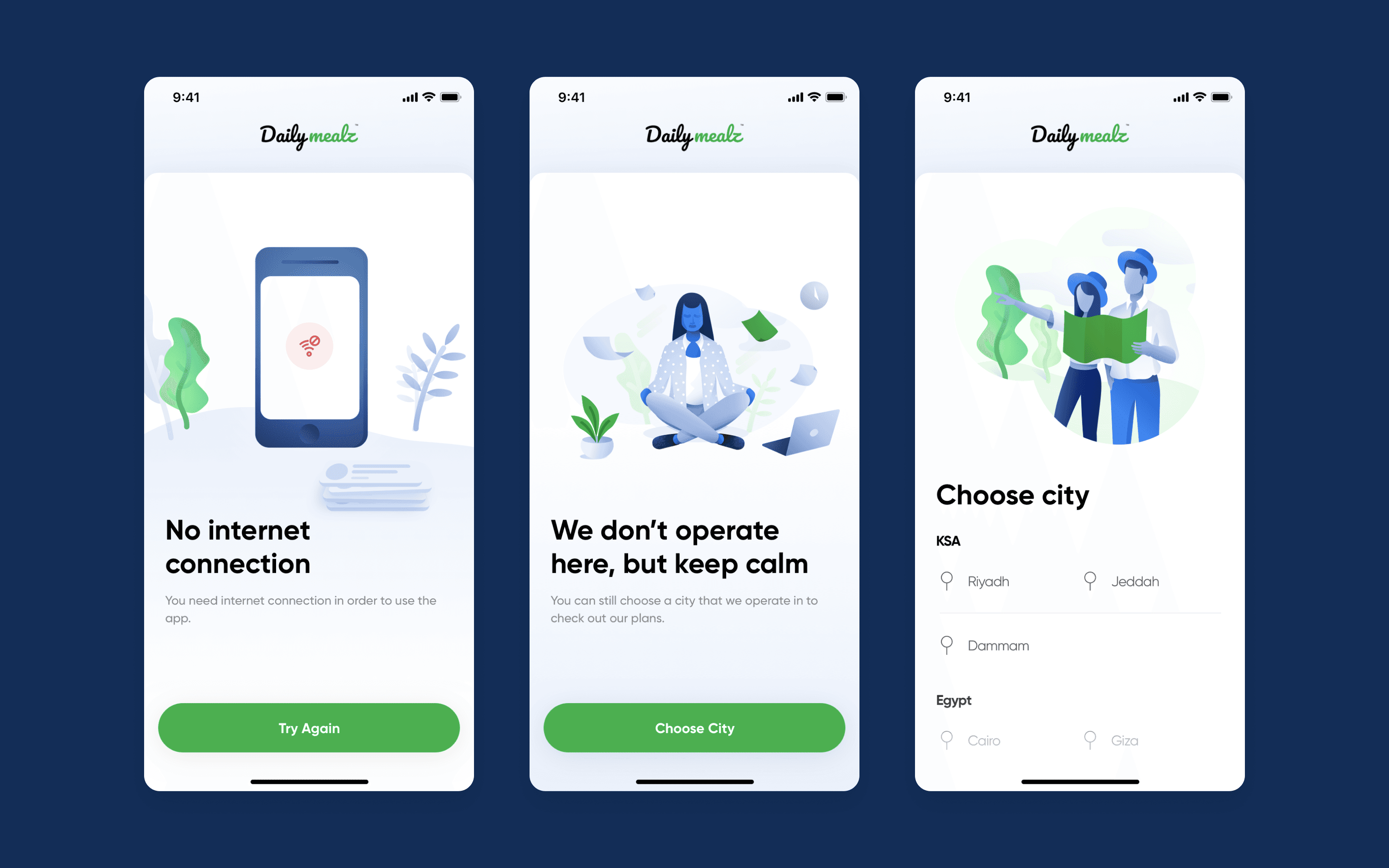 No connection, unavailable service and choosing a city.