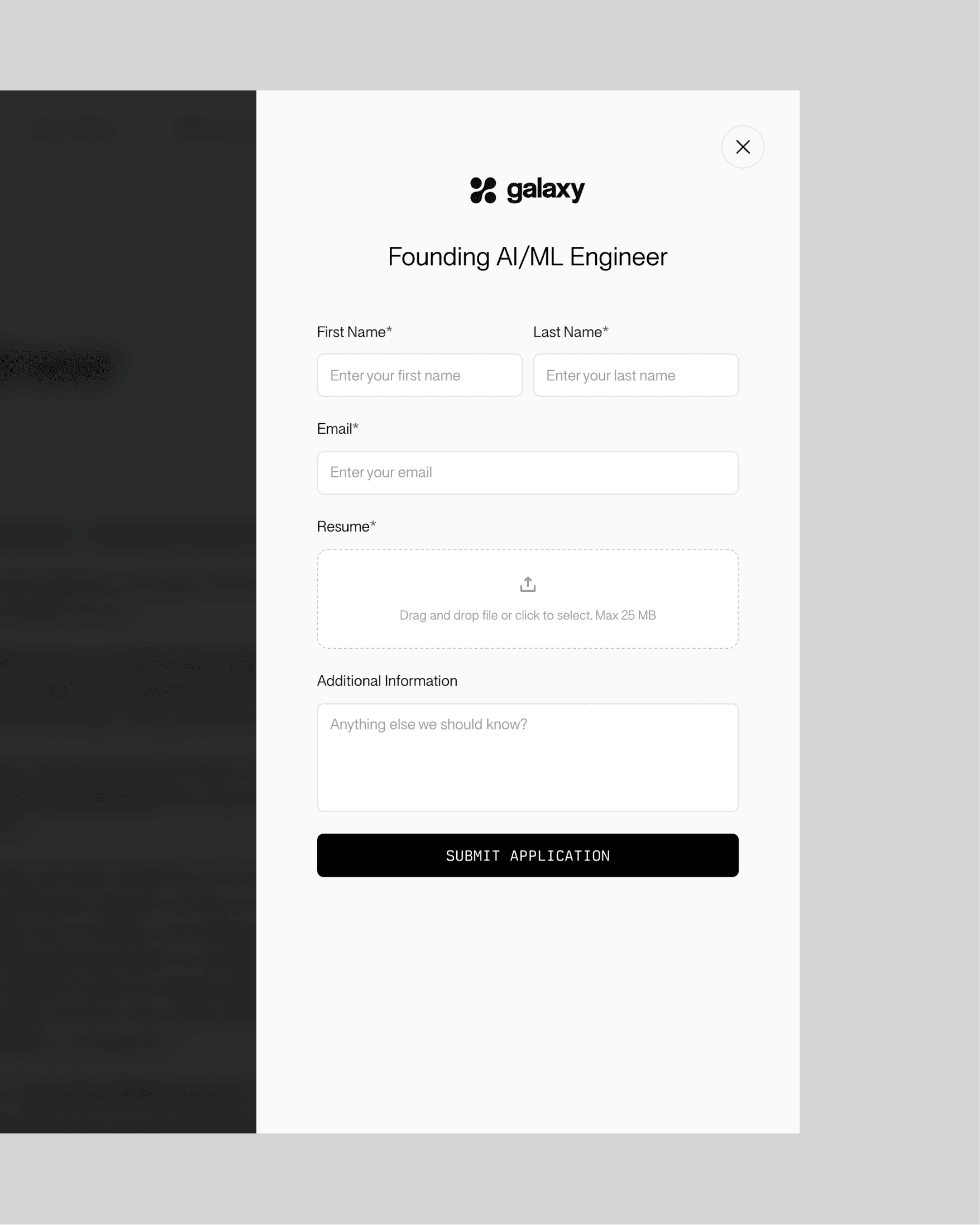 Screnshot displaying Galaxy website application form — Galaxy case study by Boldway Studio