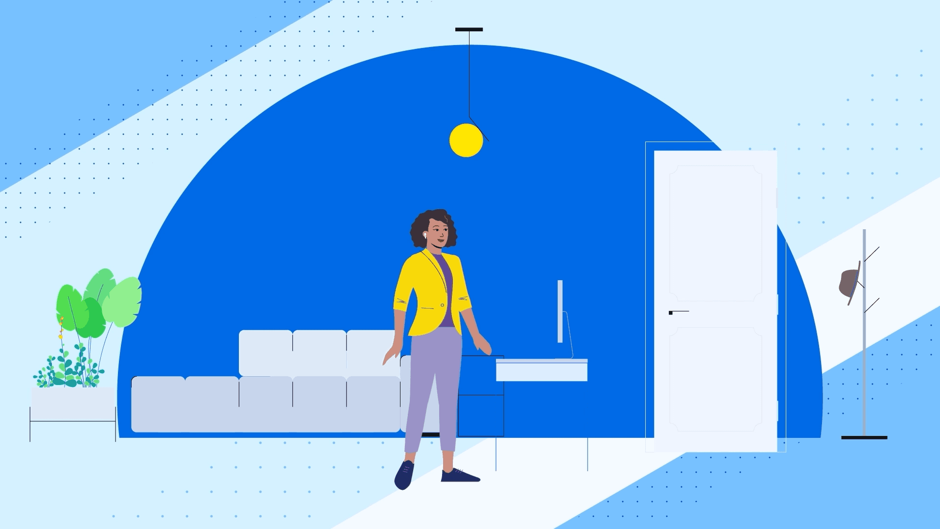 Animated scene of a woman in a modern workspace symbolizing collaboration and innovation