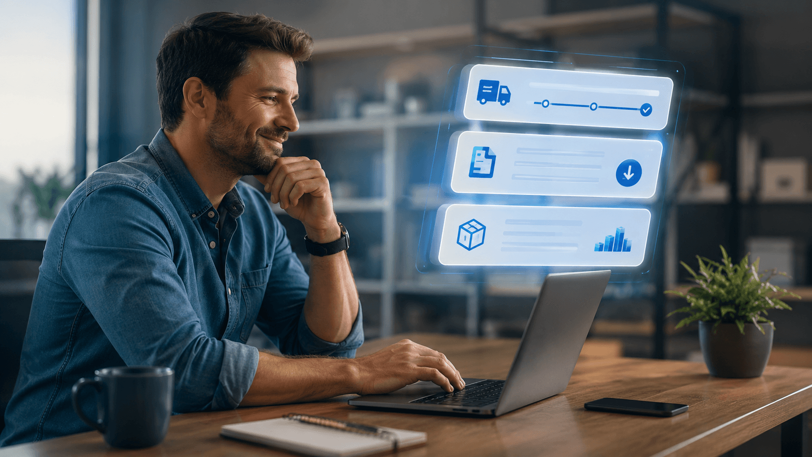 Representação realista em 3D de um revendedor trabalhando em um notebook em um escritório moderno. À frente da tela, aparecem painéis digitais flutuantes exibindo informações de acompanhamento de pedido, emissão de documento financeiro e consulta de estoque. O usuário interage de forma autônoma com o sistema, transmitindo praticidade e satisfação. O ambiente é organizado, iluminado e profissional, reforçando a ideia de autoatendimento digital e redução da necessidade de contato operacional.