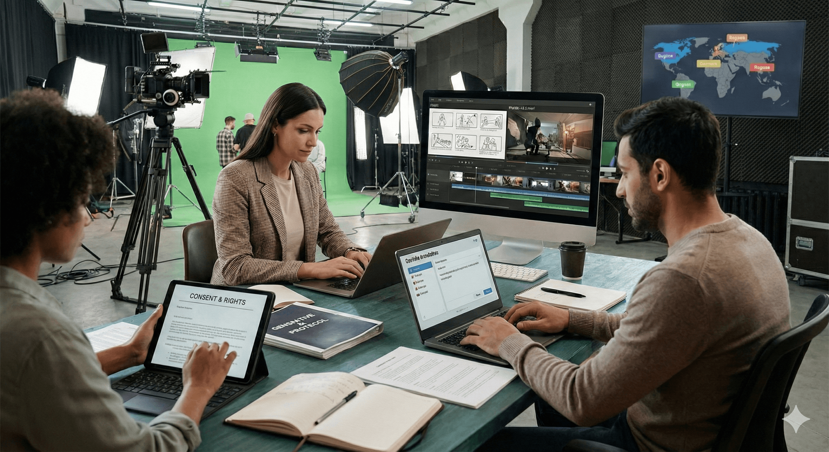 A team collaborates on laptops and documents in a vibrant film and TV production studio, surrounded by professional equipment and screens displaying digital content and maps related to AI in production settings.