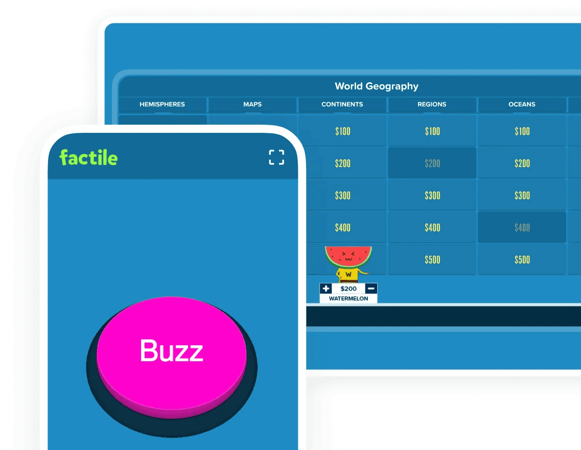 Factile app shown on a phone with a large pink Buzz button, alongside a Jeopardy-style World Geography game board on desktop