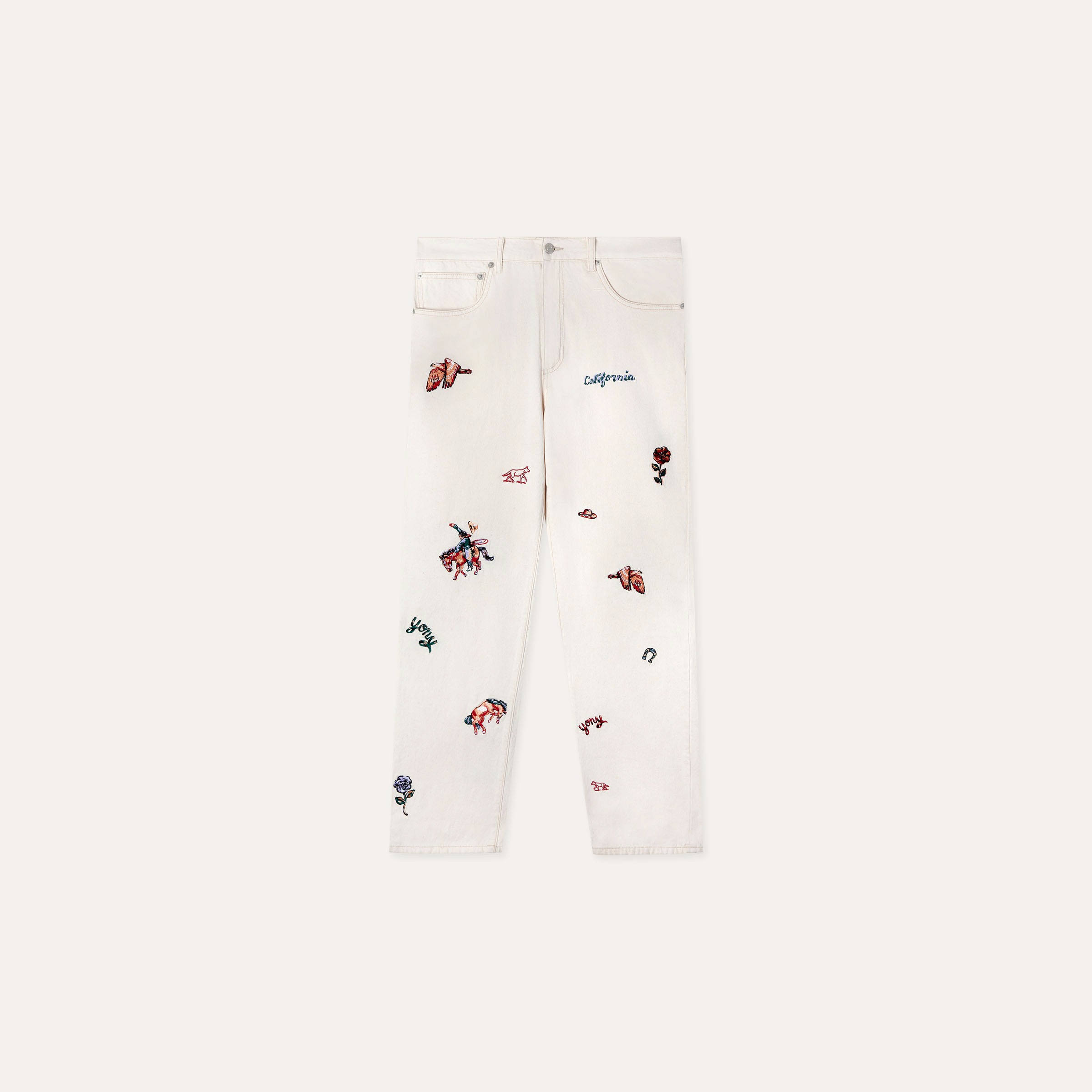Flat lay of embroidered twill pant