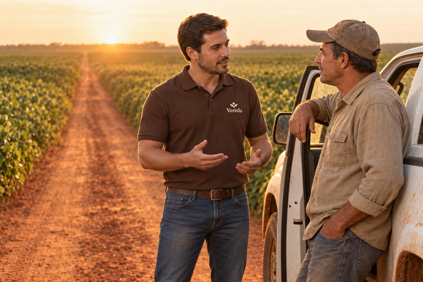 Representante da Vereda conversando com o produtor ao lado da caminhonete, no carreador entre os talhões de soja ao pôr do sol