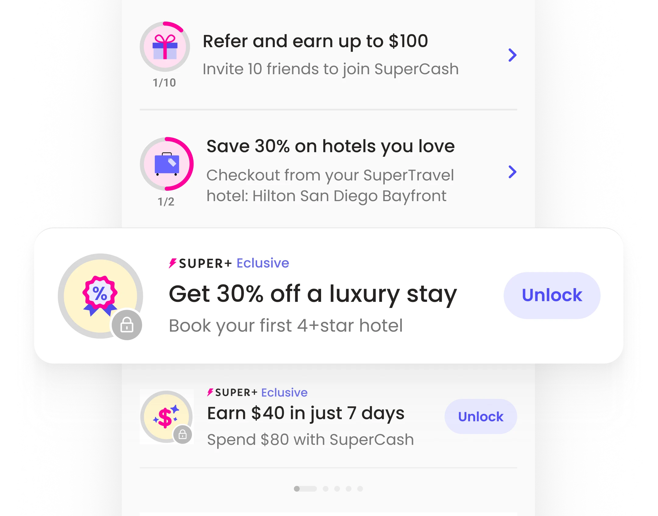 UI mockup of Super.com’s Missions showing exclusive Super+ rewards like 40% off luxury stays and $40 cashback, demonstrating how tiered missions encouraged upsells and deeper engagement.