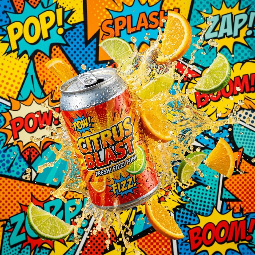 A condensation-covered soda can against a vibrant pop-art background, splashing liquid, citrus slices flying, high-speed photography.
