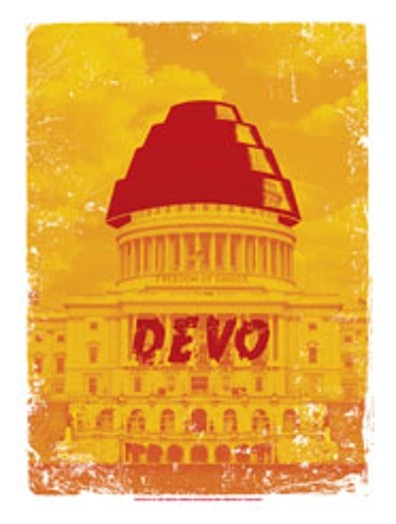 A yellow photo showing the capitol with a green stepped cup on top and the word DEVO on the front.
