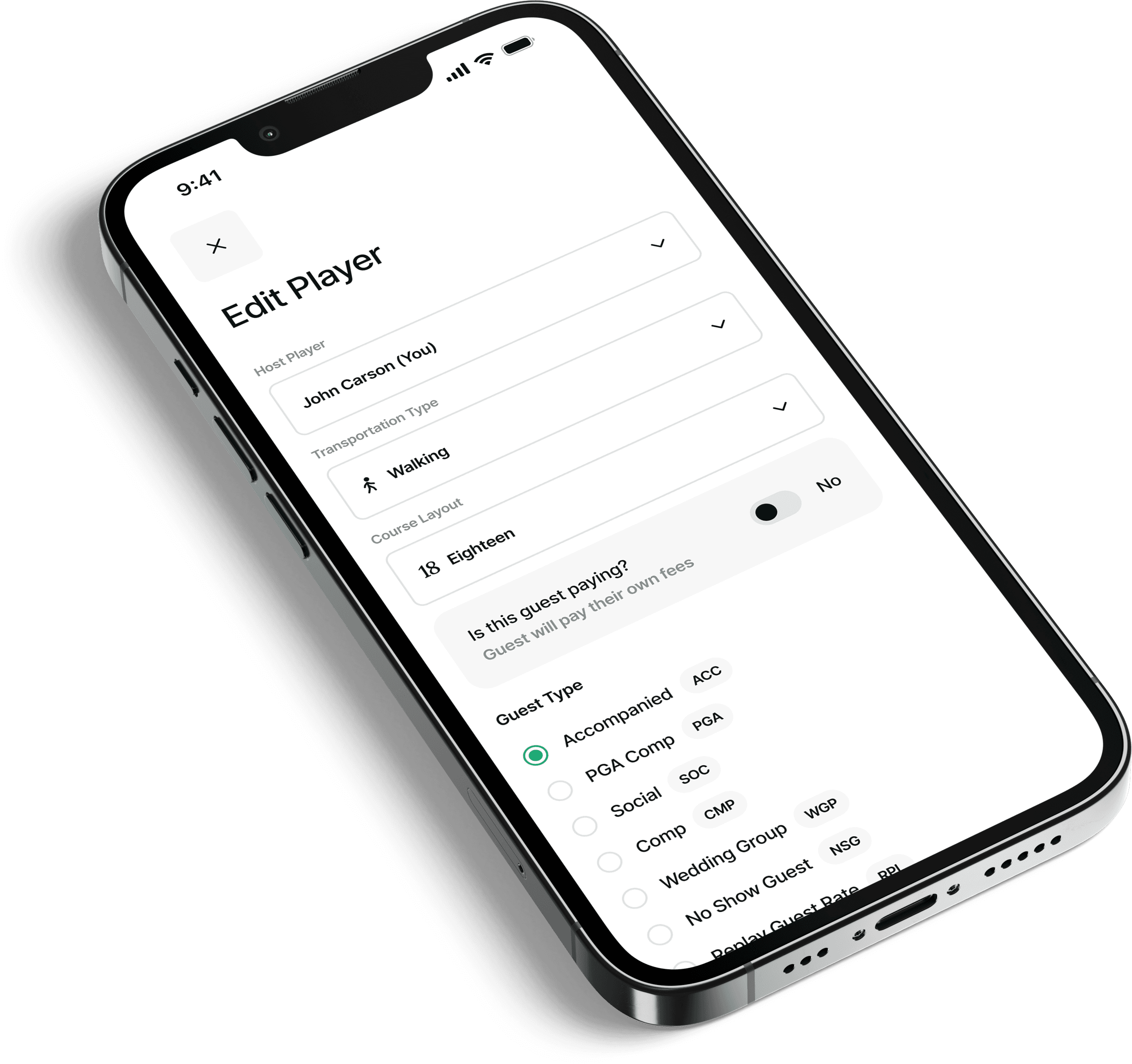 Phone interface displaying player settings for member bookings