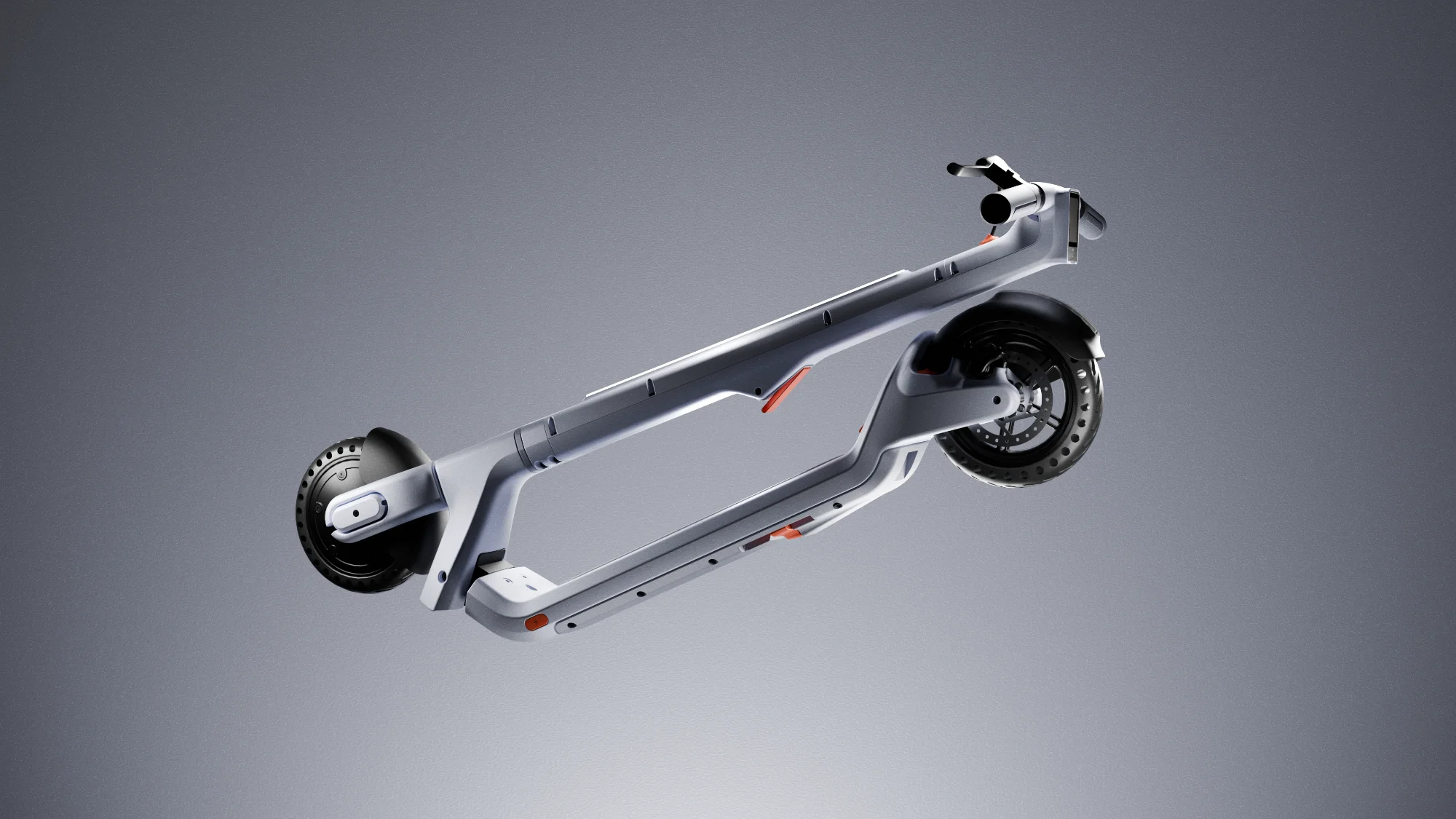 Industrial design visualisation of a collapsed electric scooter chassis, highlighting the release locking mechanism and frame skid plate.